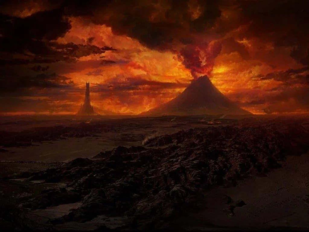 Totaler Blick über die Landschaft von Mordor aus der Verfilmung der Trilogie "Der Herr der Ringe"